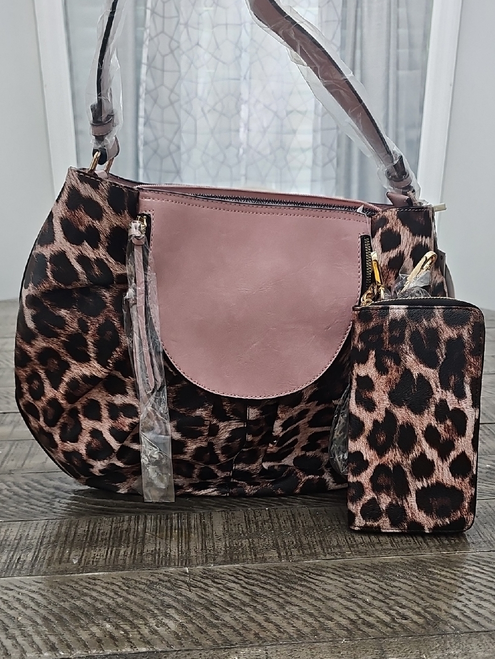Leopard Print Shoulder Bag with Dusty Pink Flap